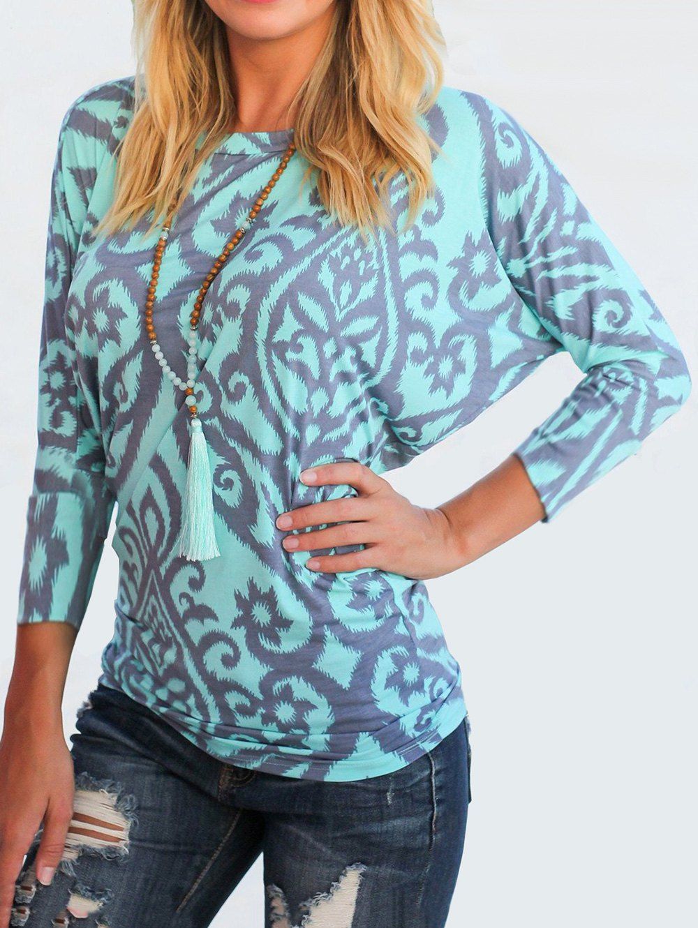 

Round Neck Batwing Sleeves Printed Tee, Coral blue