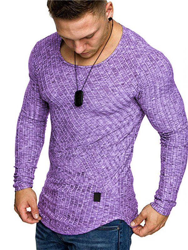 

Solid Color Striped Spliced Long Sleeves T-shirt, Purple