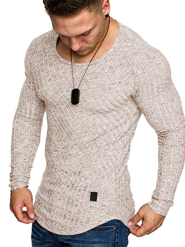 

Solid Color Striped Spliced Long Sleeves T-shirt, Khaki