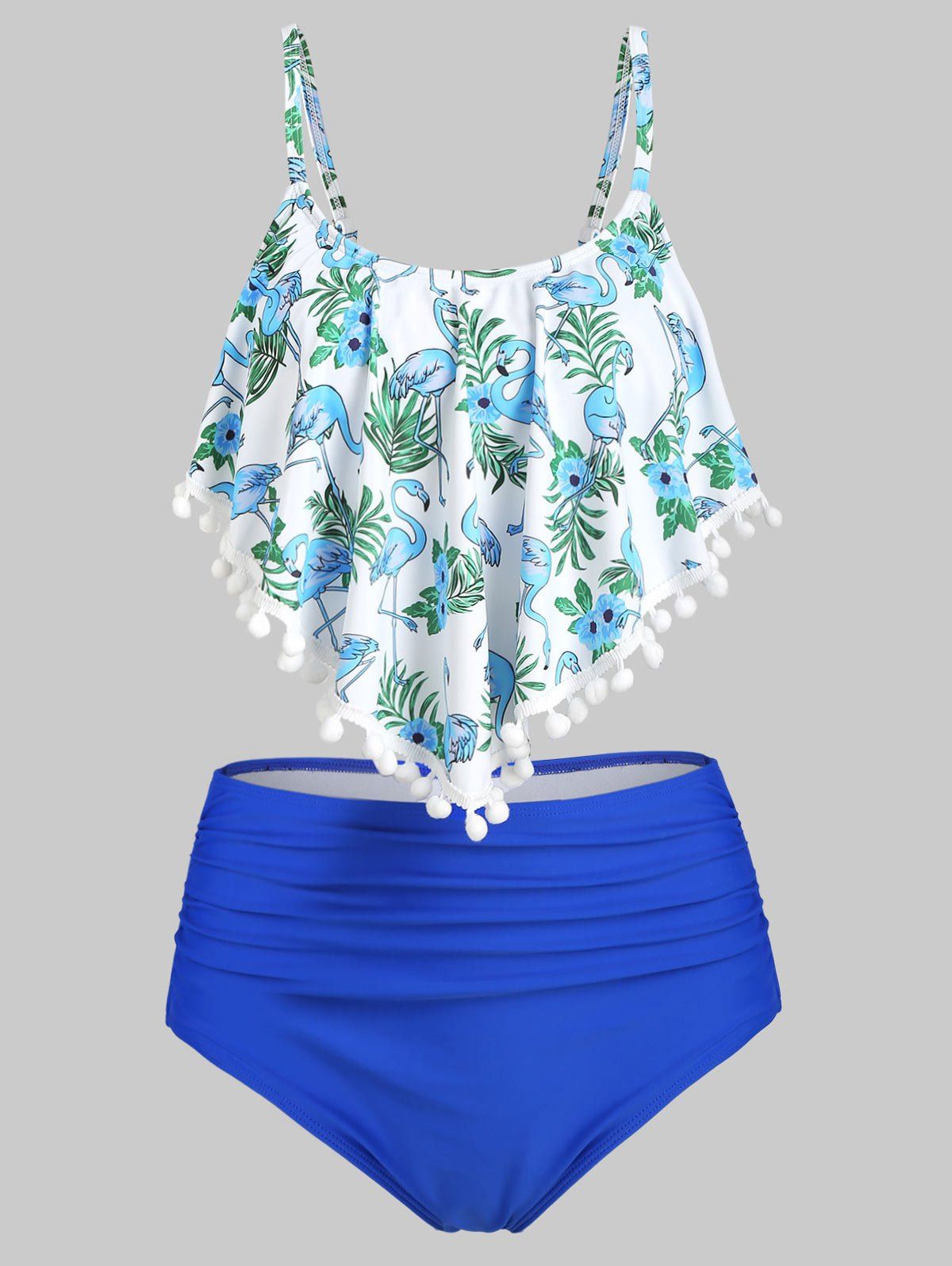 

Pom-pom Leaf Flamingo High Waisted Tankini Swimsuit, Ocean blue