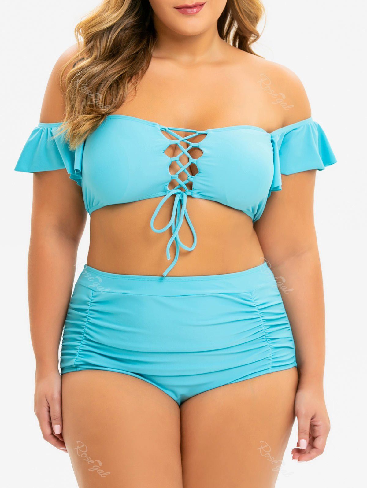 

Plus Size Off Shoulder Lace Up Tummy Control Bikini Swimwear, Blue ivy