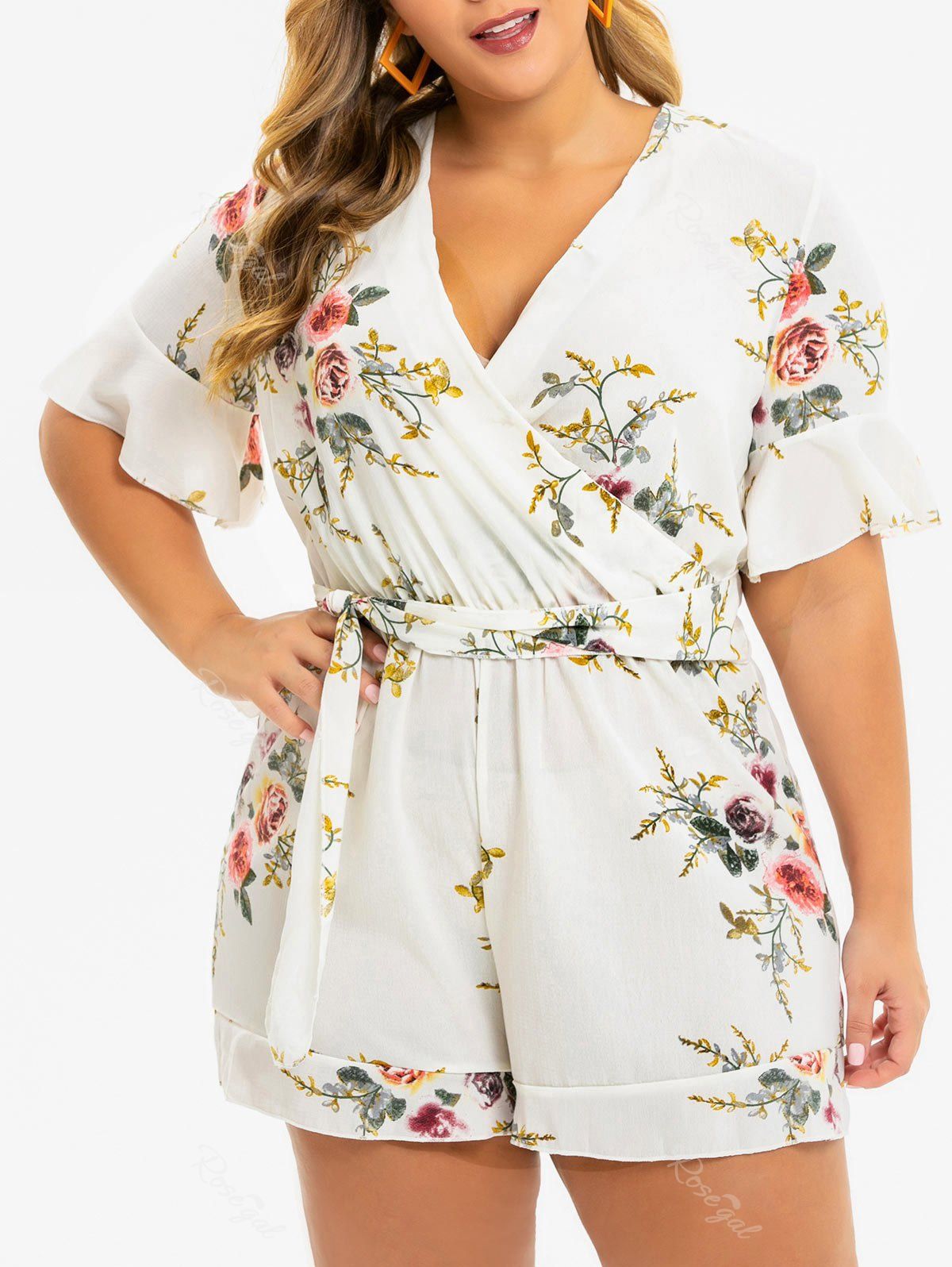 [26% OFF] Plus Size Plunging Bell Sleeve Floral Belted Romper | Rosegal