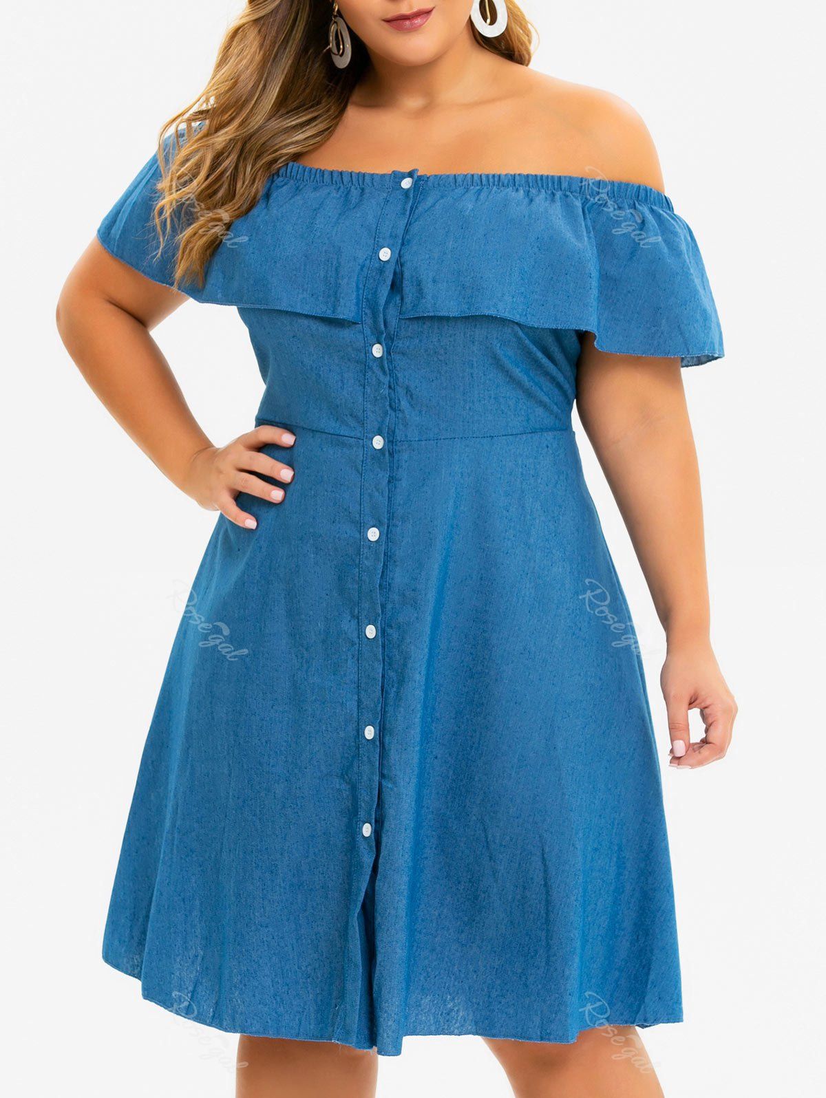 Plus Size Flounce Chambray Off The Shoulder Dress