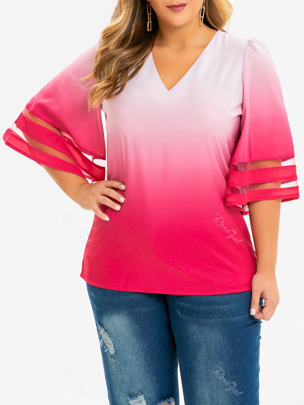 

V Neck Mesh Panel Ombre Plus Size Blouse, Red