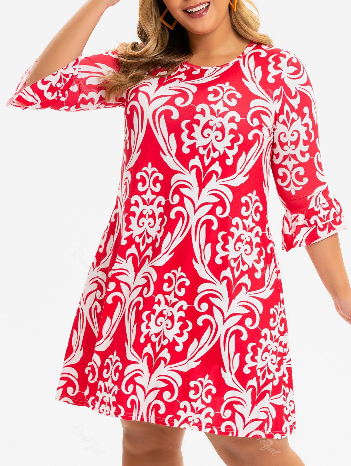 

Plus Size Flounce Cuffs Printed Mini Dress, Rose red