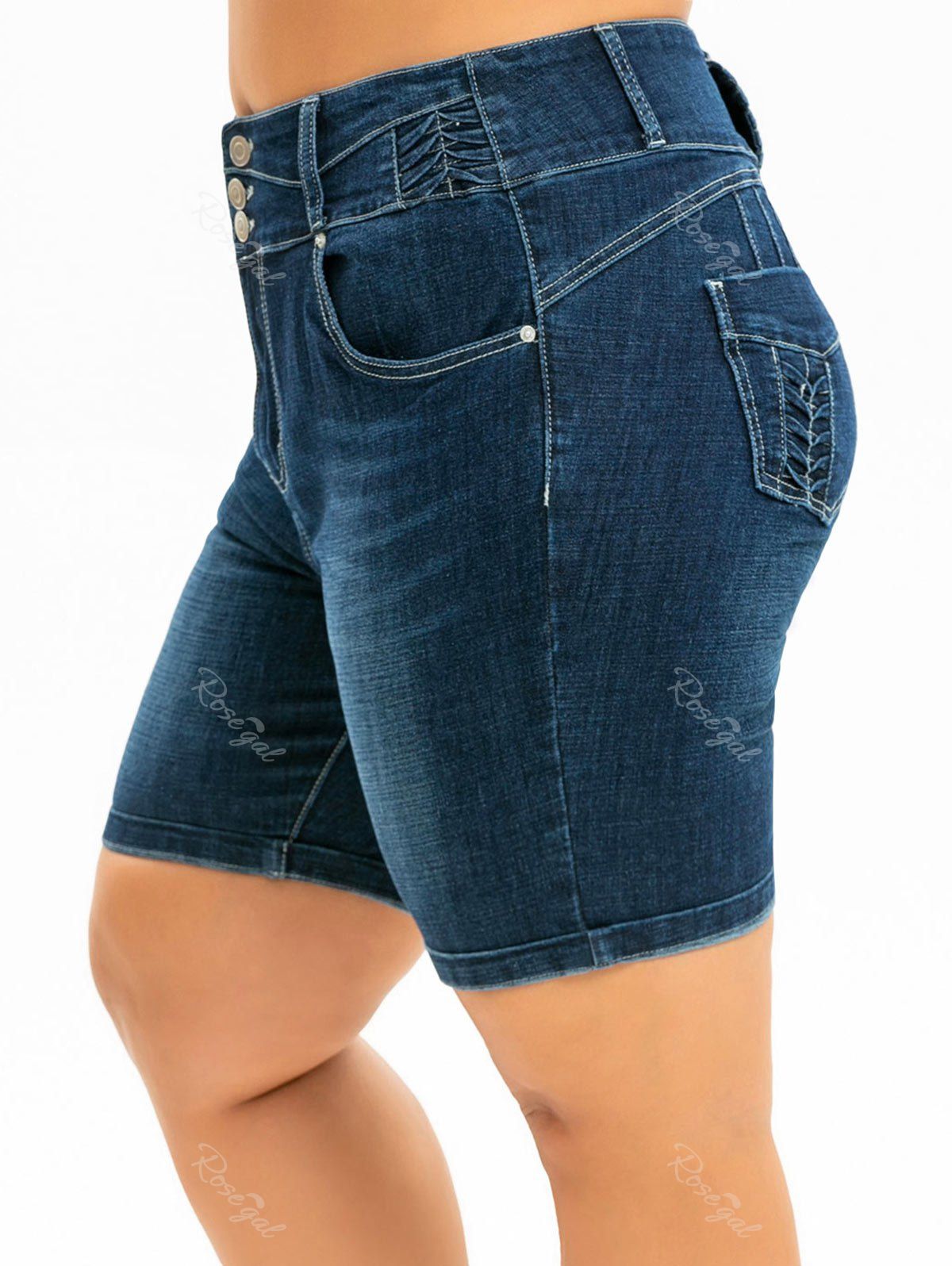 

Plus Size Ruched Pocket Rolled Bermuda Denim Shorts, Blue koi