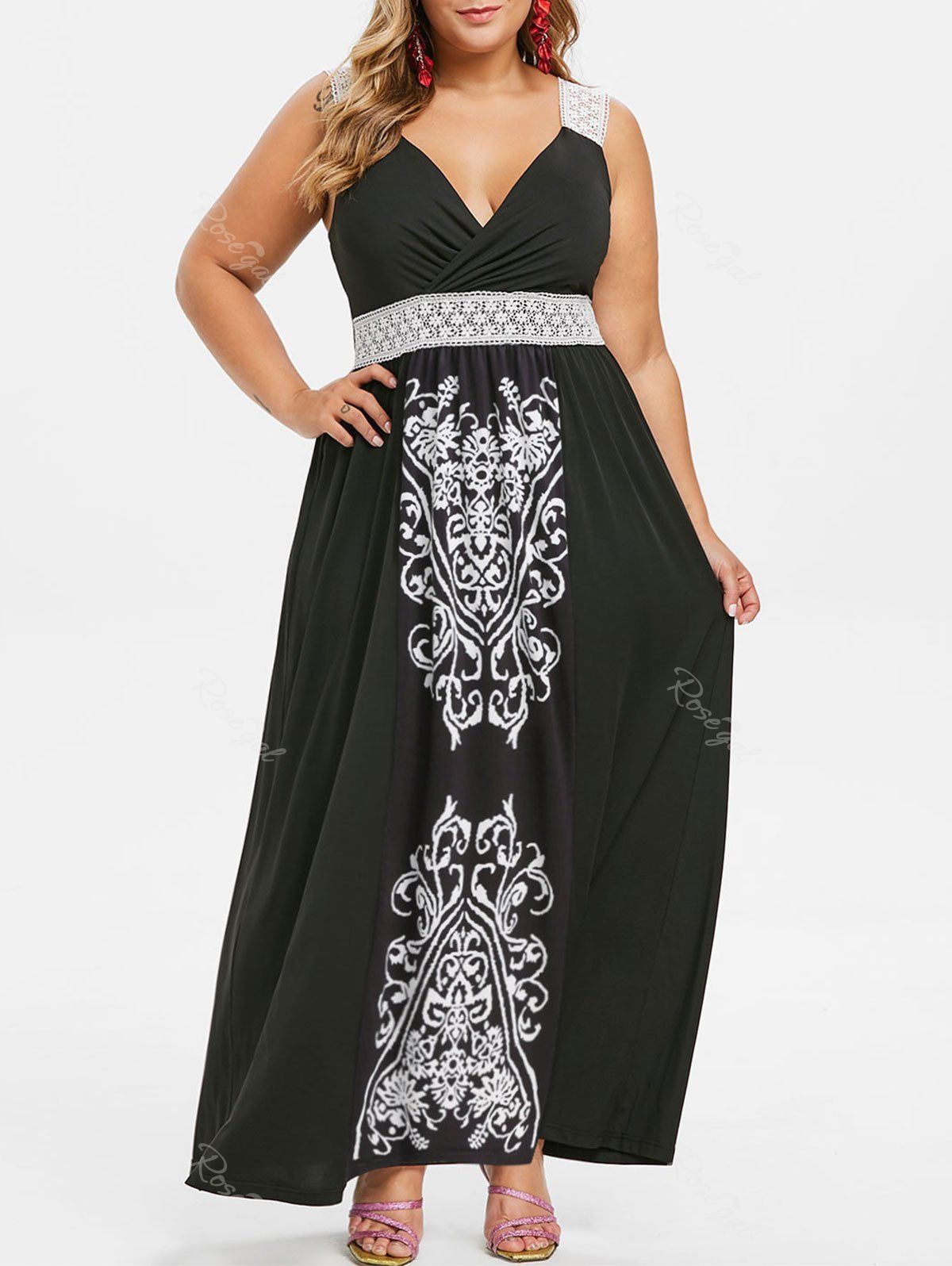 

Plus Size Bohemian Print Lace Insert Maxi Dress, Black