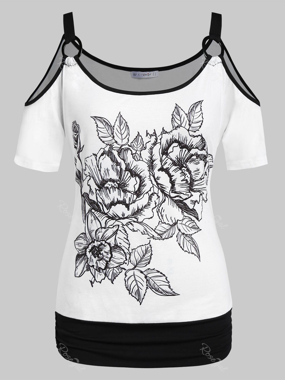 

Plus Size Open Shoulder Contrast Trim Floral T-shirt, White