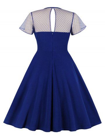 

Mesh Panel Keyhole Swiss Dots Plus Size Dress, Blue