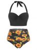 Sunflower Print Underwire Halter Bikini Swimsuit -  
