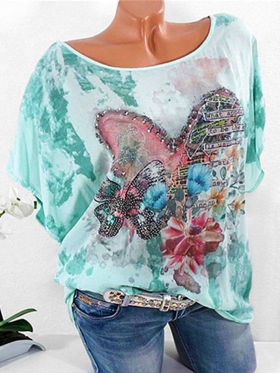 

Plus Size Batwing Sleeve Heart Floral Print T-shirt, Celeste