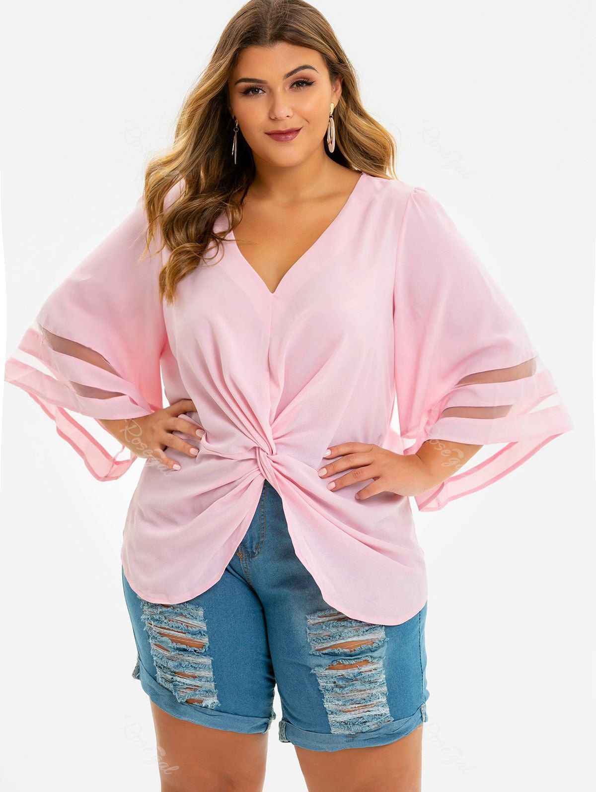 

Mesh Panel V Neck Twist Plus Size Blouse, Pink