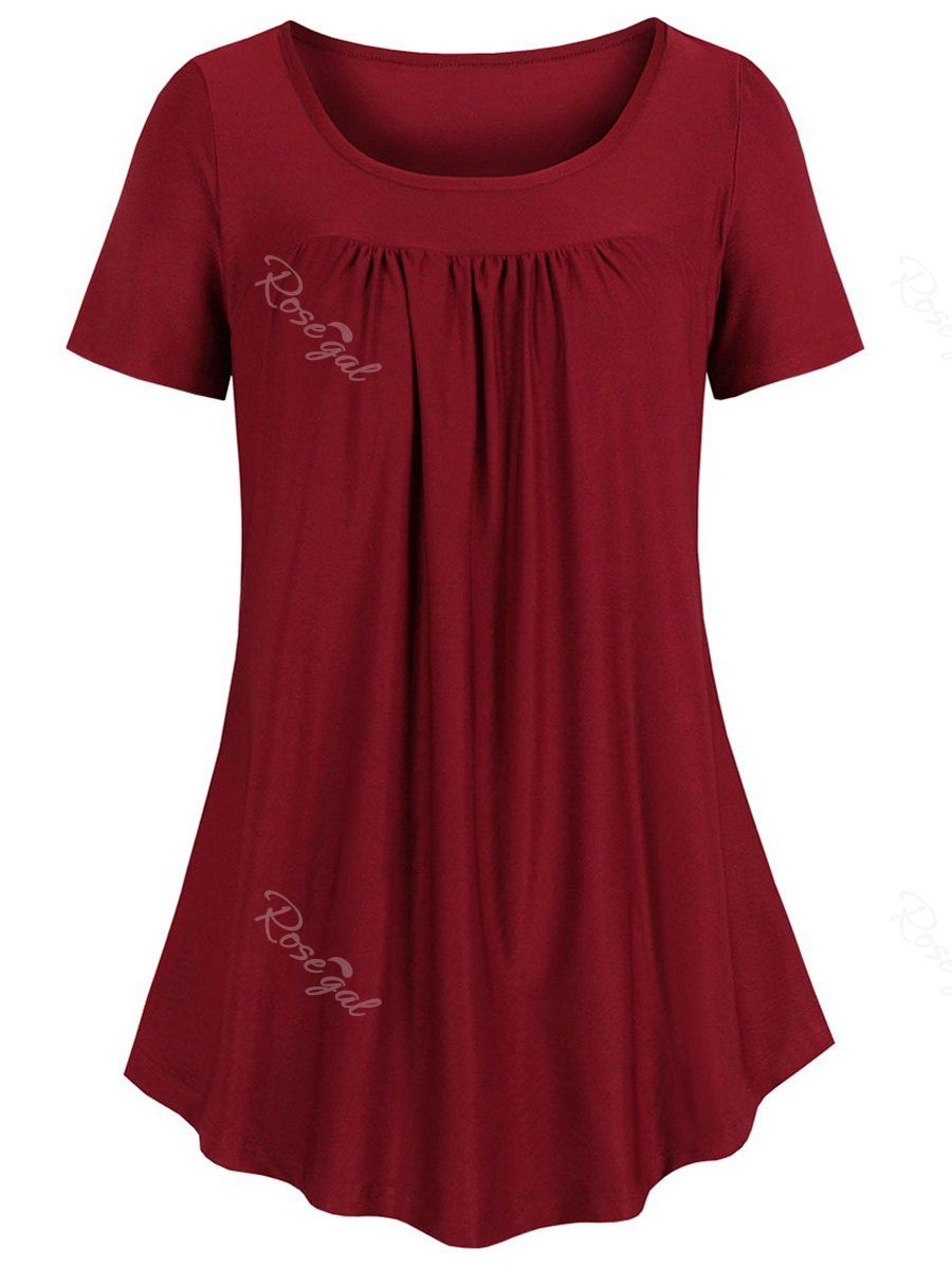 

Short Sleeve Curved Ruched Plus Size Top, Red wine