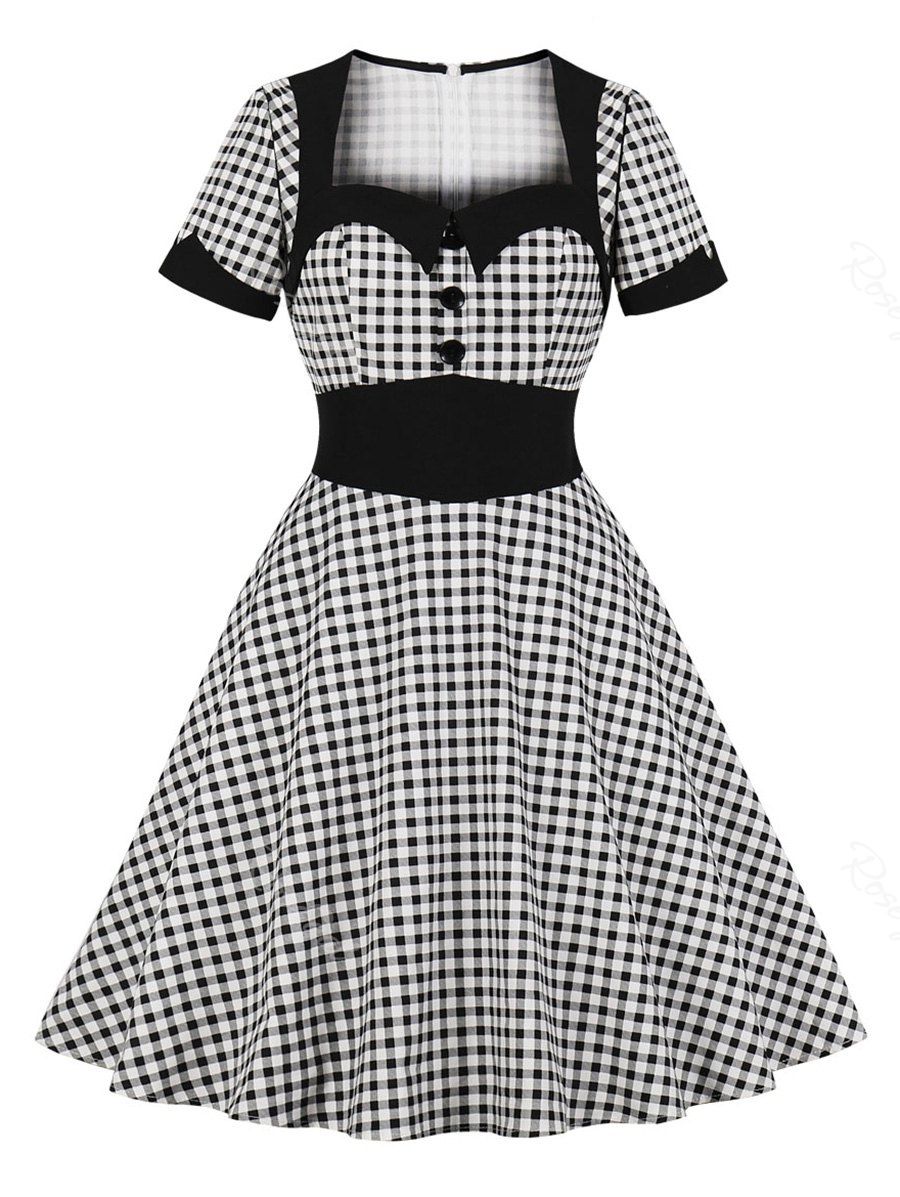 

Buttoned Plaid Vintage Plus Size Dress, Black