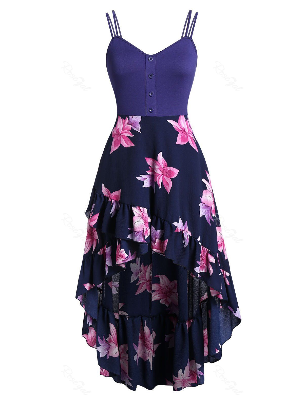 

Plus Size Floral Print Flounce Cami Dress, Dark slate blue