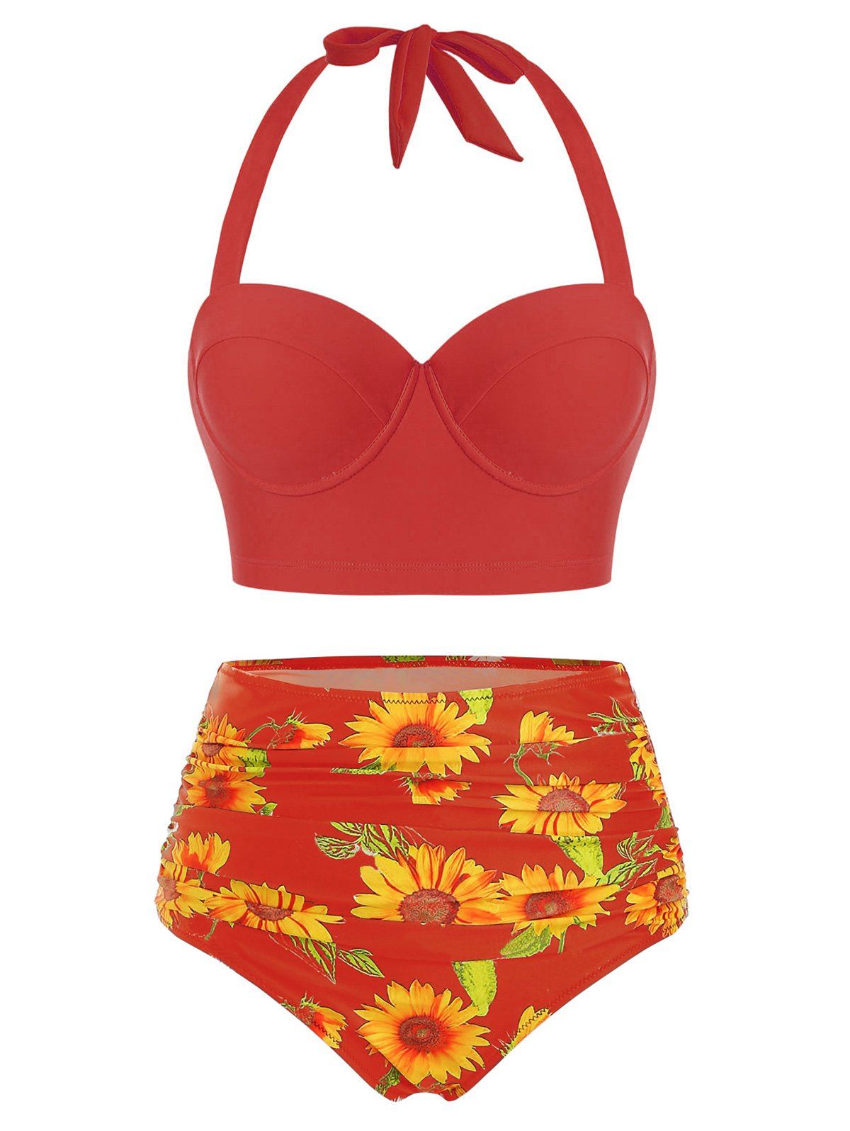 Sale Sunflower Print Underwire Halter Bikini Swimsuit  