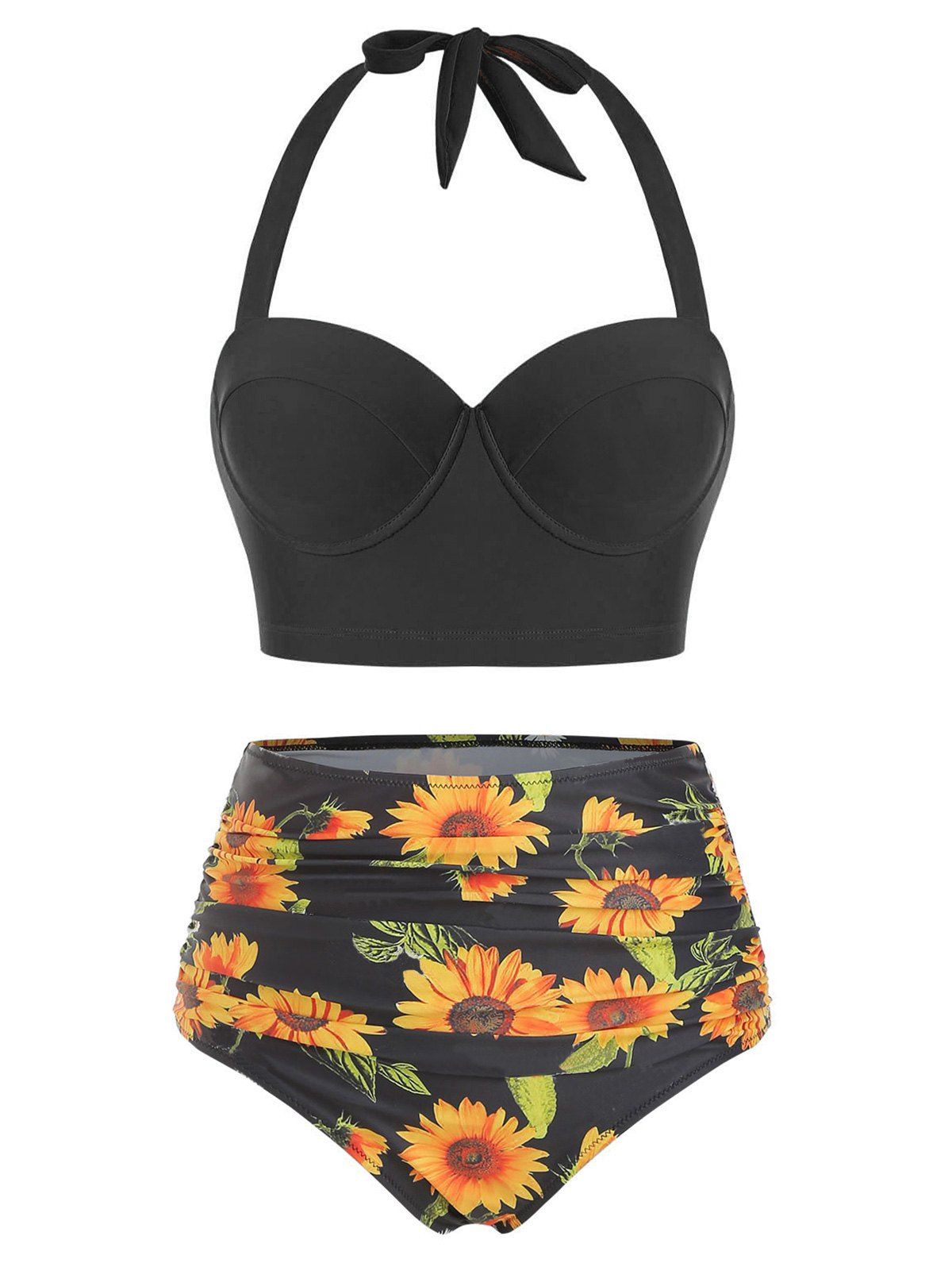 Discount Sunflower Print Underwire Halter Bikini Swimsuit  