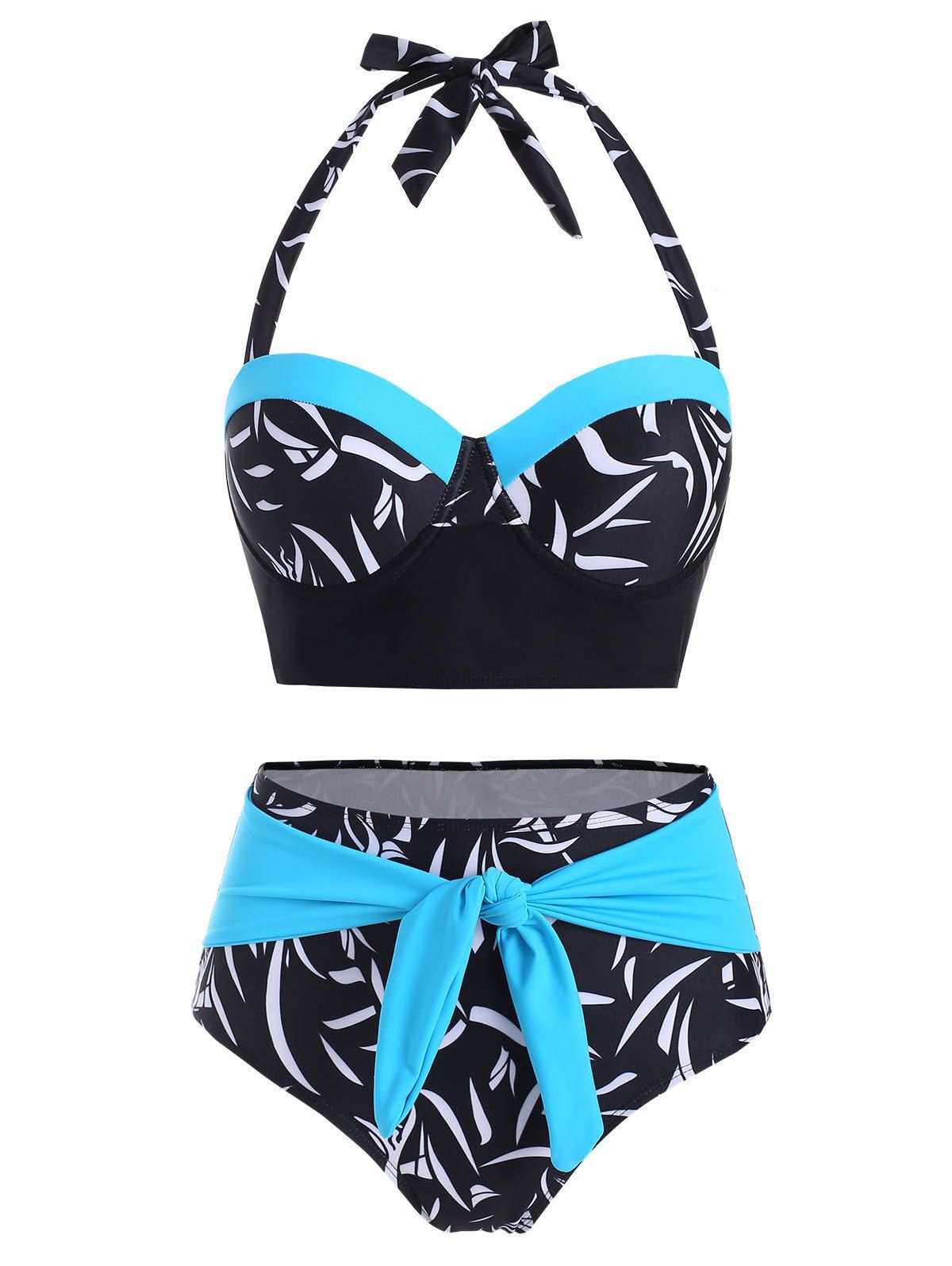 

Contrast Printed Underwire Halter Bikini Swimsuit, Black