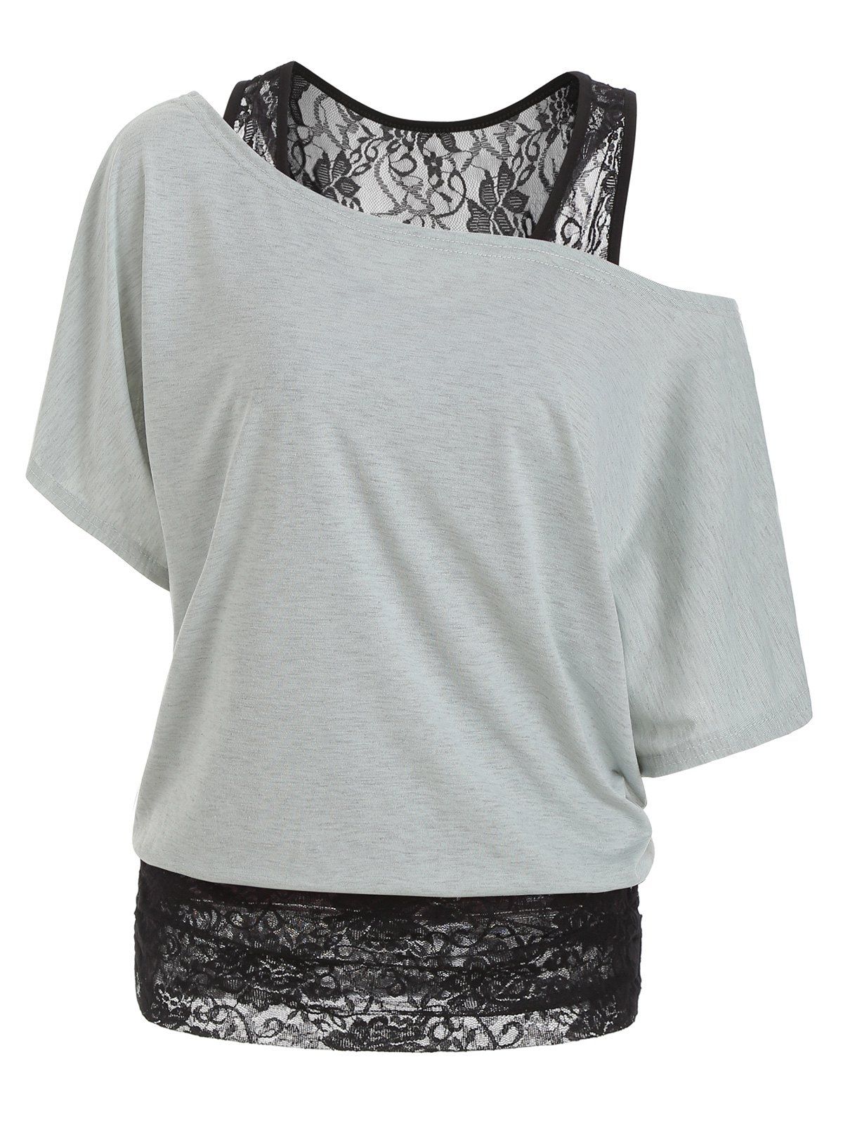 

Scoop Neck Lace Panel Casual Tee, Gray goose