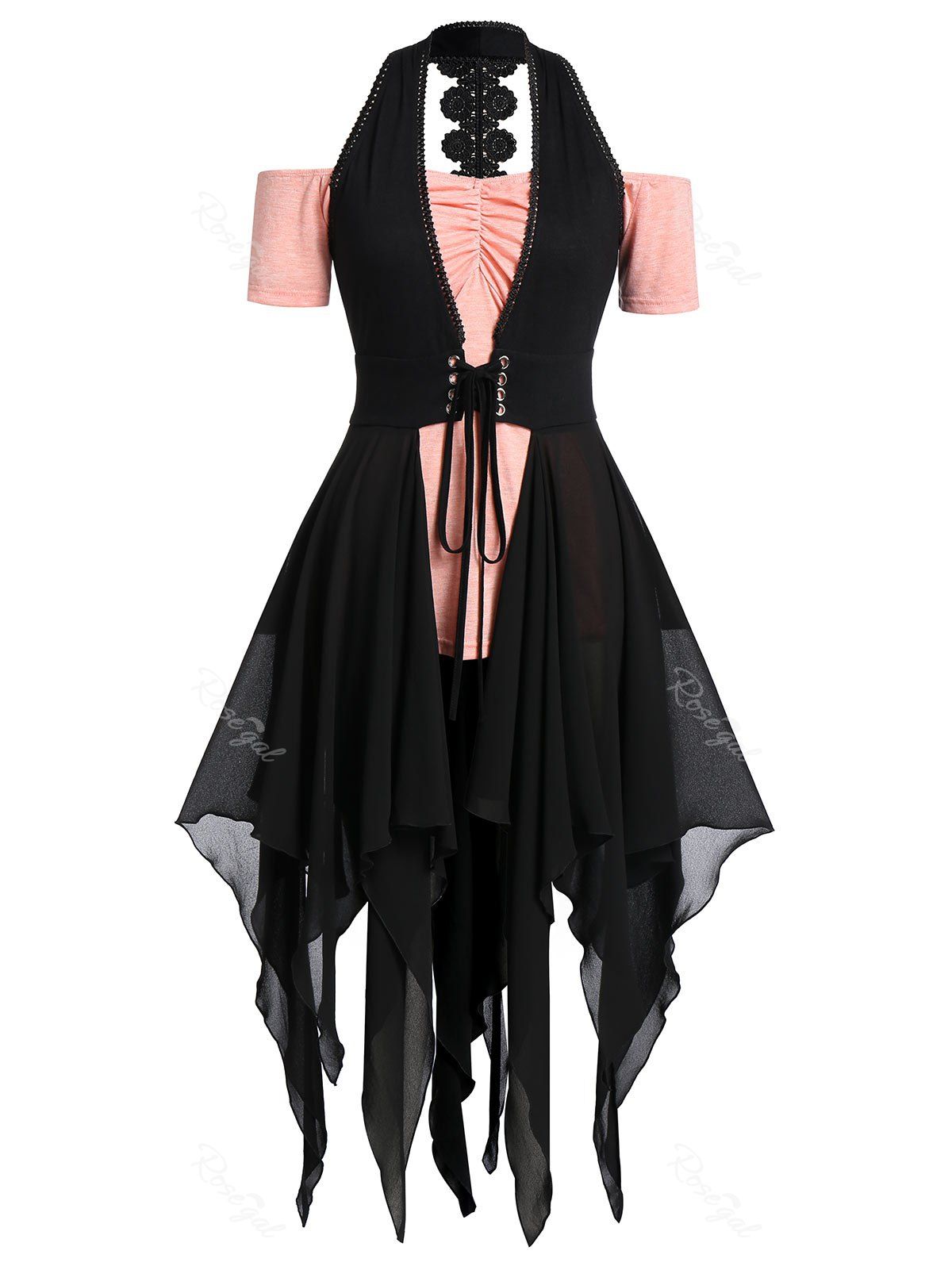 

Plus Size Off Shoulder T-shirt And Handkerchief Punk Top Set, Black