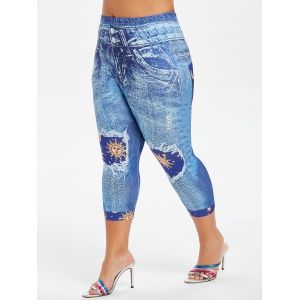 

Plus Size Sun Moon Print Capri Skinny 3D Jeggings, Silk blue