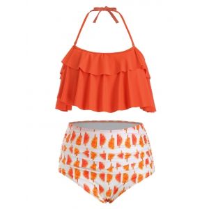 

Plus Size Flounce Orange Print Halter Bikini Swimsuit