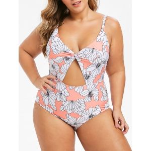 

Plus Size Twist Floral Cutout One-piece Swimsuit, Light salmon