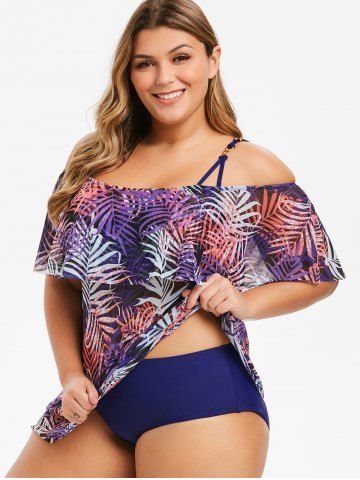 

Plus Size Leaf Print Mesh Flounce Tankini Set, Multi-a