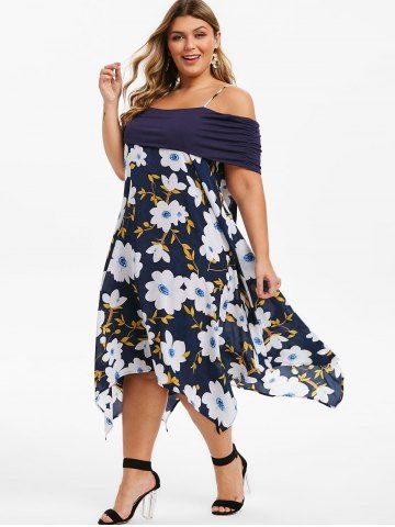 

Plus Size Open Shoulder Floral Handkerchief Midi Dress, Dark slate blue