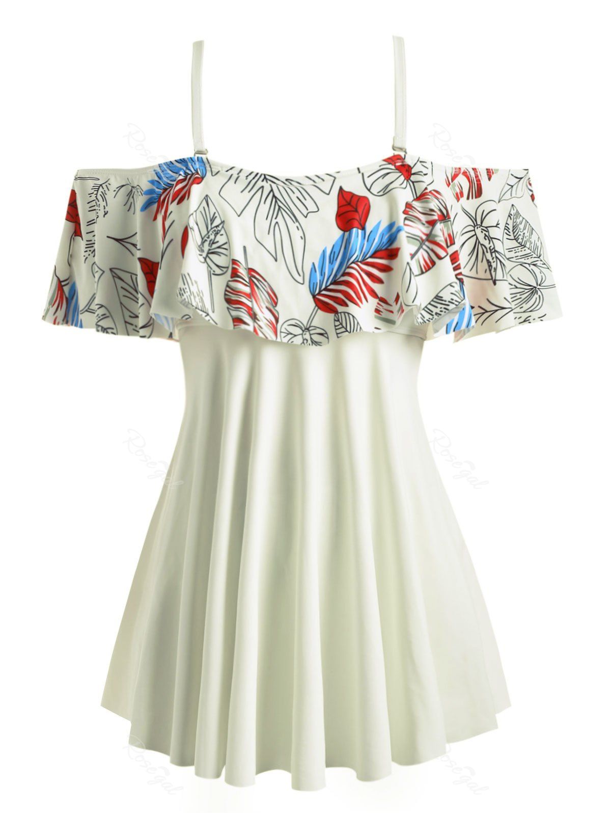 

Ruffles Cold Shoulder Leaves Print Plus Size Tankini Swimsuit, Cool white