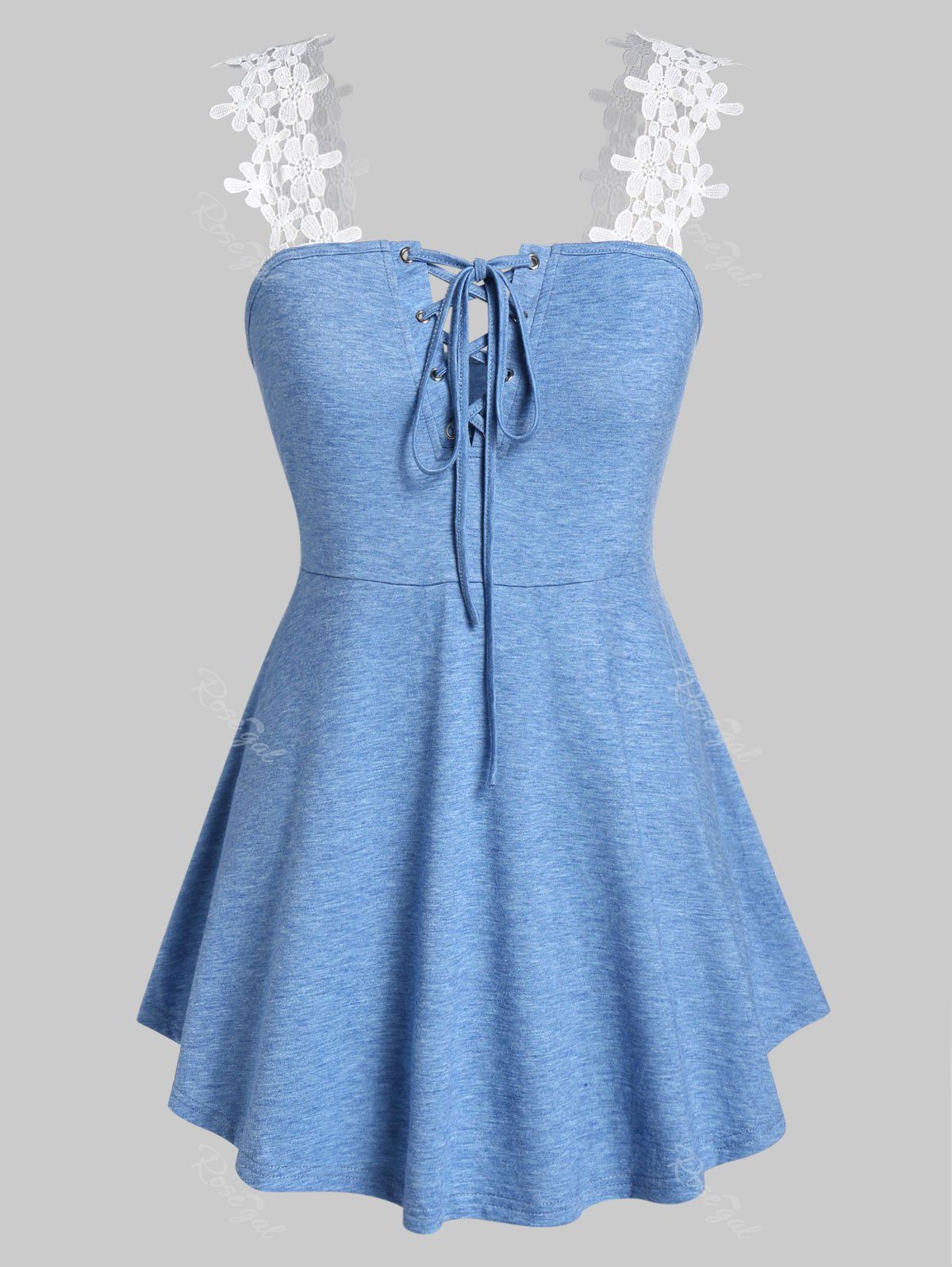 

Plus Size Applique Strap Lace Up Tunic Tank Top, Dodger blue