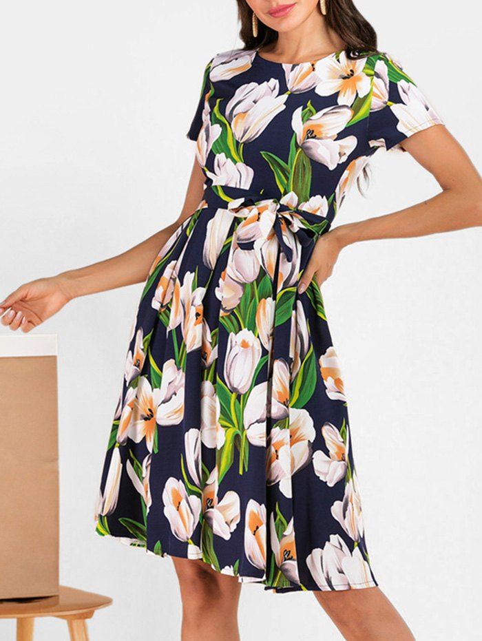 

Floral Pleated Detail Knee Length Dress, Multi