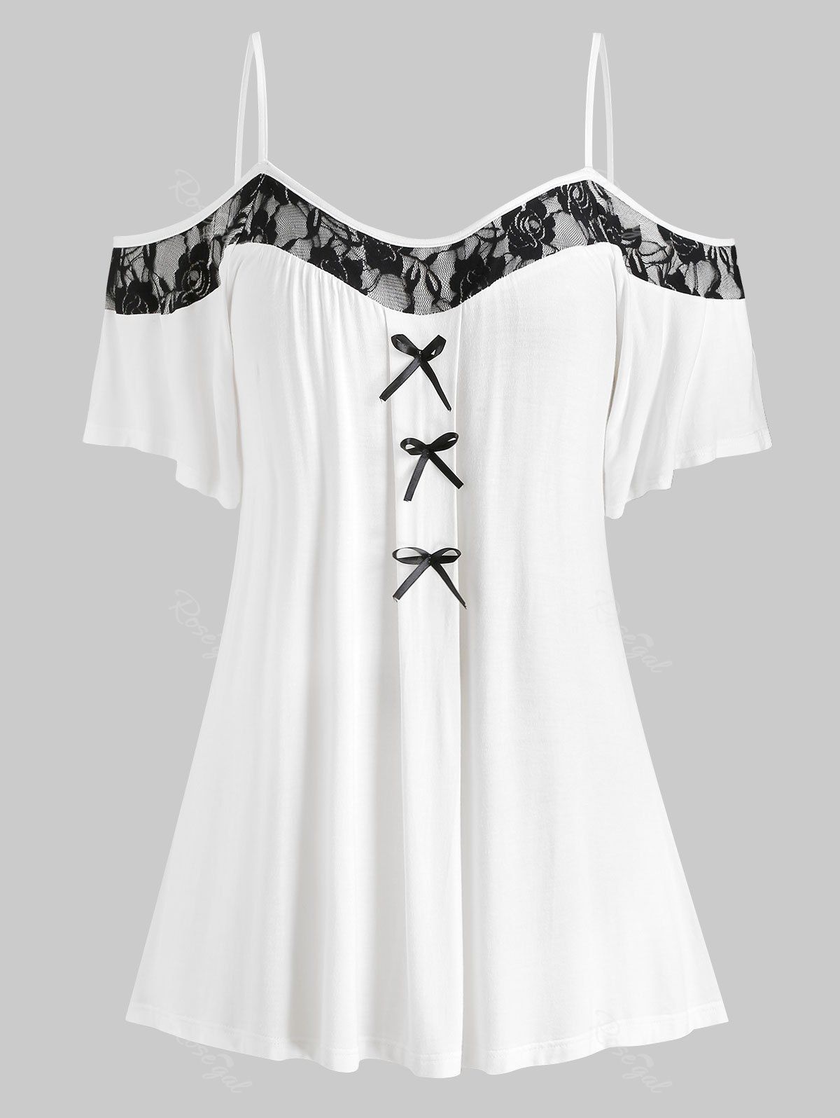 

Bowknot Lace Panel Cold Shoulder Plus Size Top, White