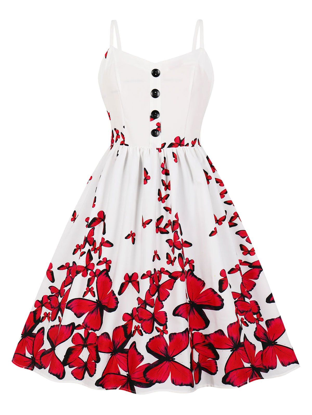 

Button Butterfly Print A Line Dress, White