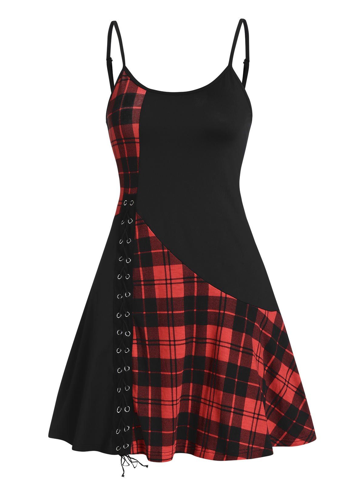 

Spaghetti Strap Plaid Panel Rings Tank Top, Black