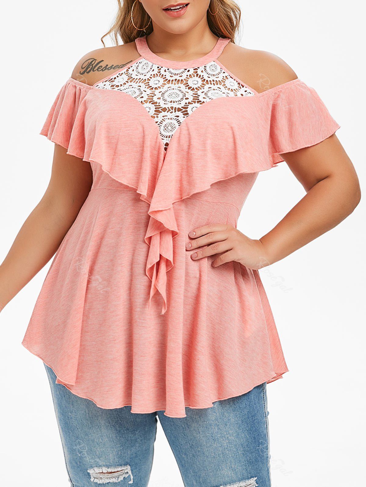 

Plus Size Lace Panel Ruffle Open Shoulder T-shirt, Pig pink