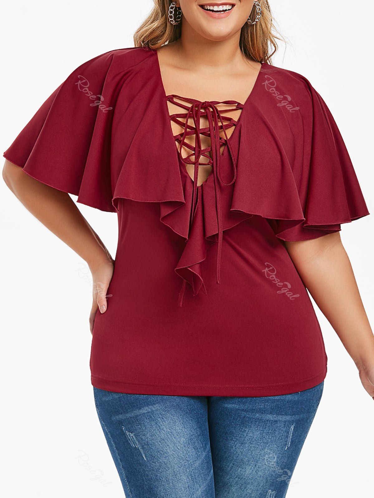 

Plus Size Low Cut Ruffled Lace Up Tee, Red wine