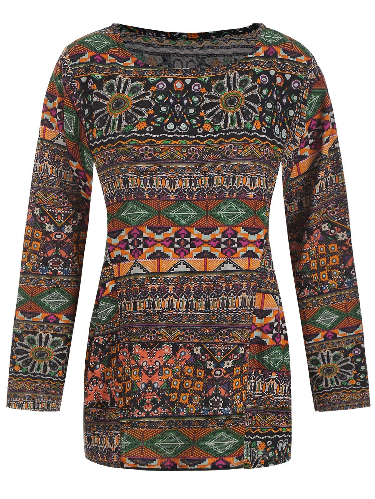 

Round Neck Tribal Print Loose Blouse, Multi-a
