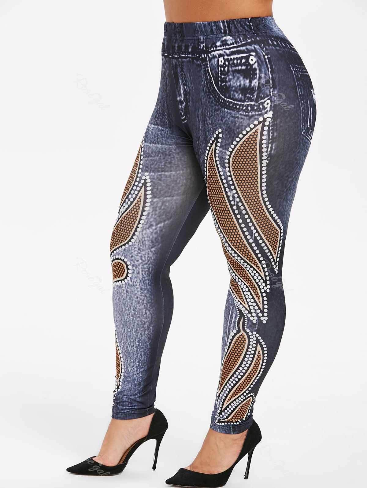 

Plus Size High Waisted 3D Jean Print Jeggings, Black