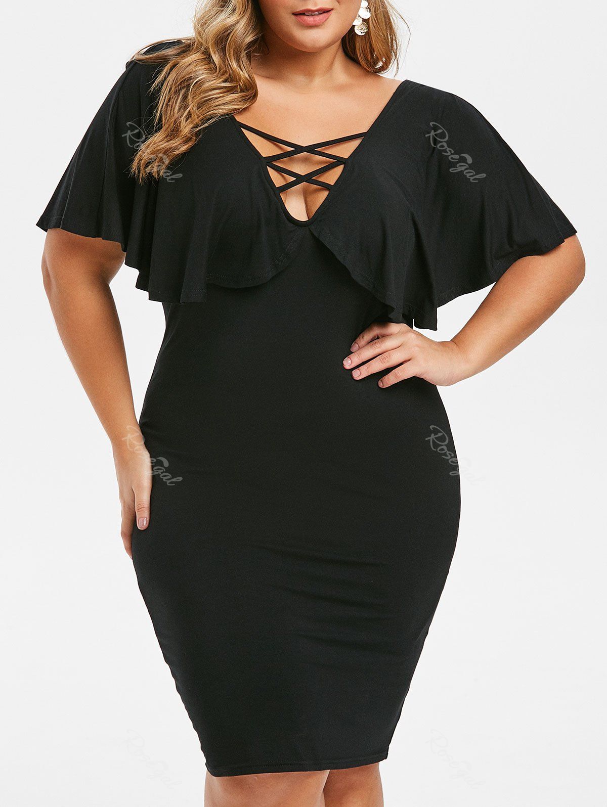 

Plus Size Flounce Criss Cross Bodycon Dress, Black