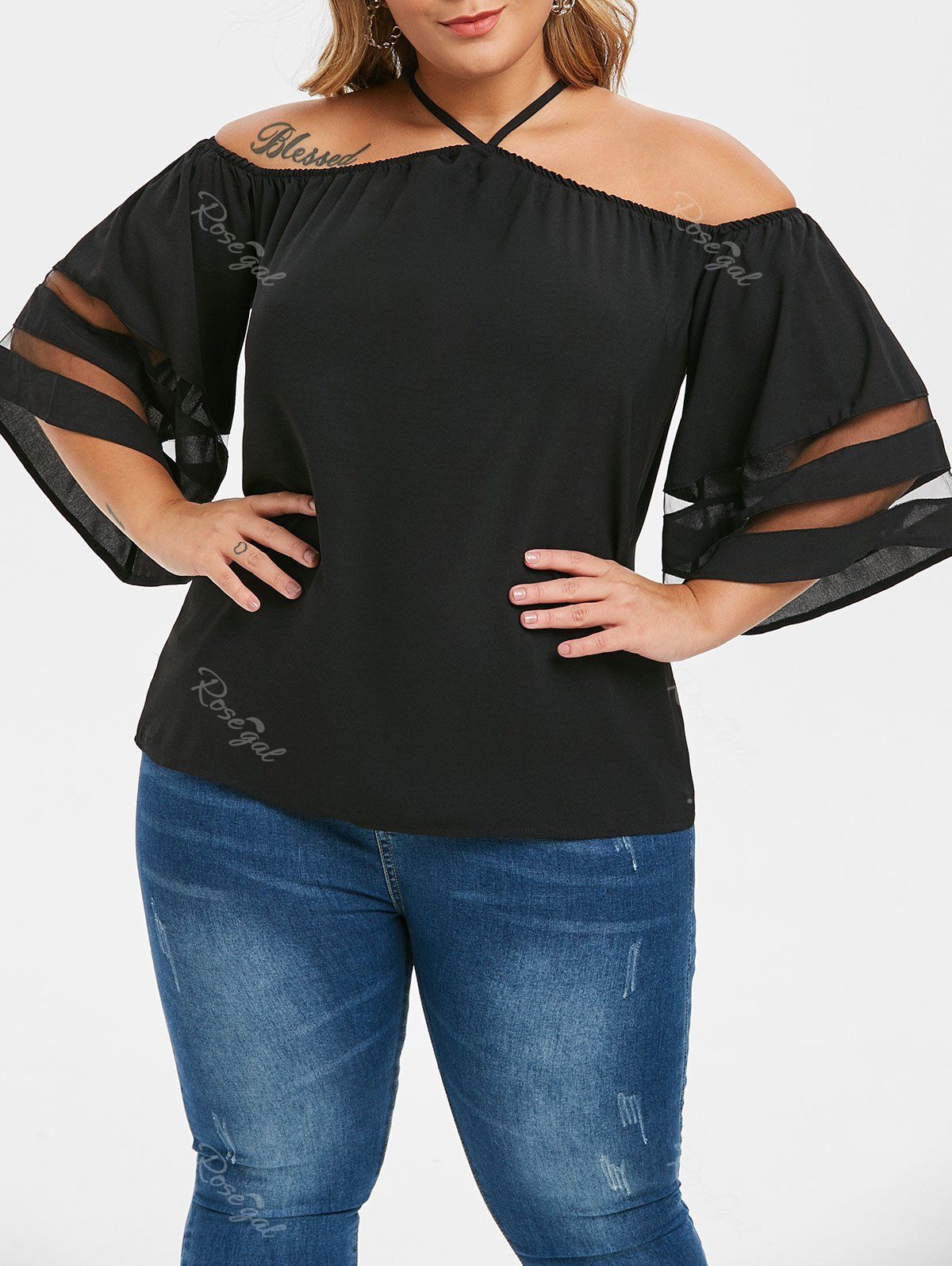 

Keyhole Mesh Panel Cold Shoulder Plus Size Blouse, Black
