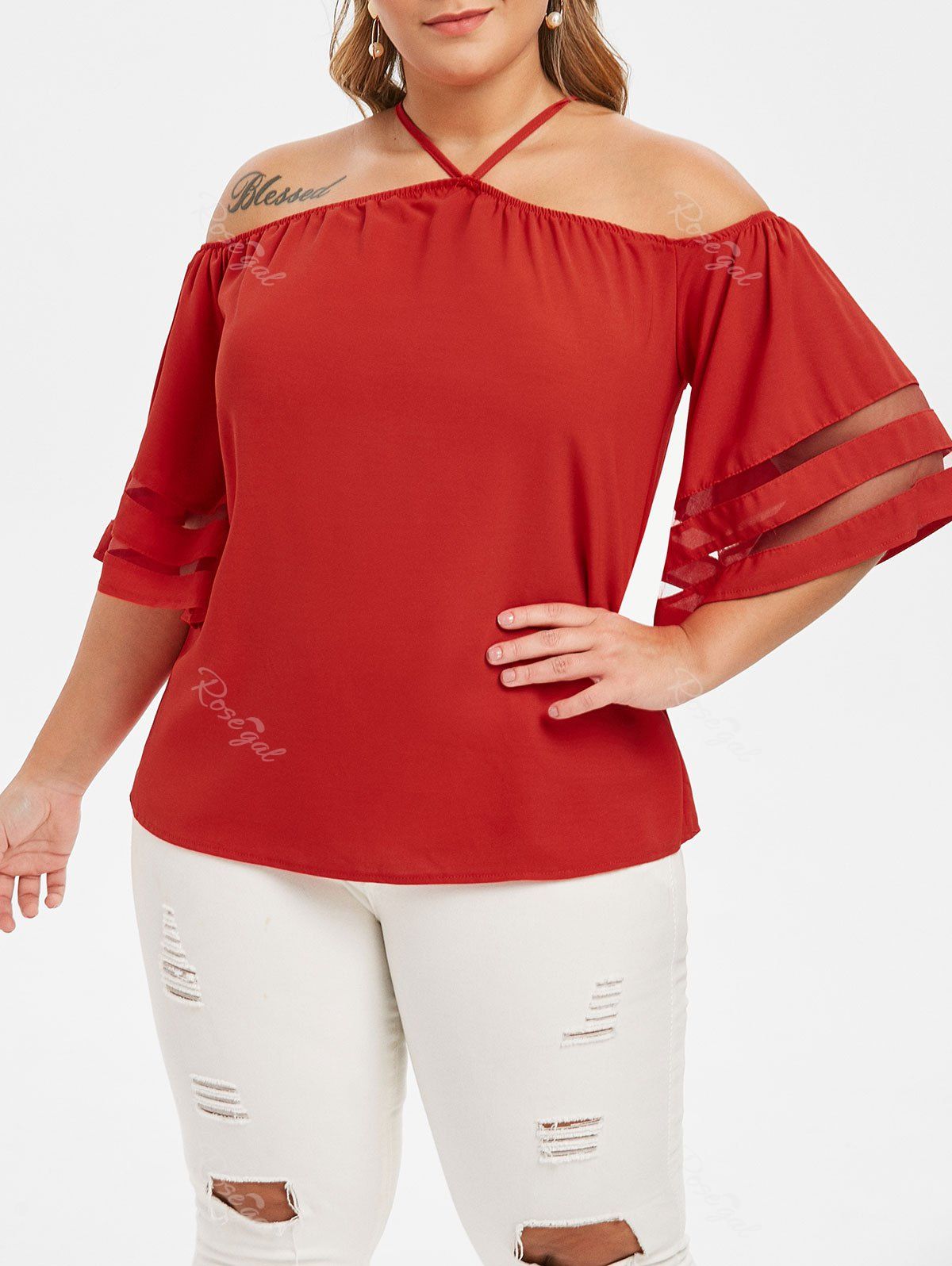 

Keyhole Mesh Panel Cold Shoulder Plus Size Blouse, Red