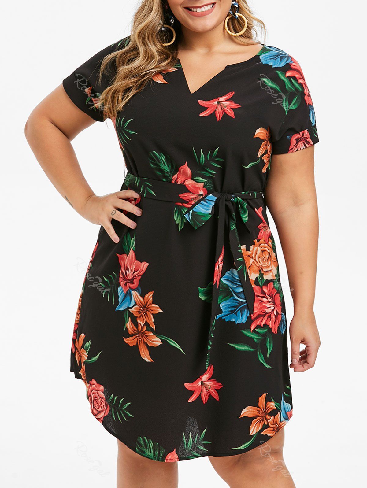 

Plus Size Floral Print Knee Length A Line Dress, Black