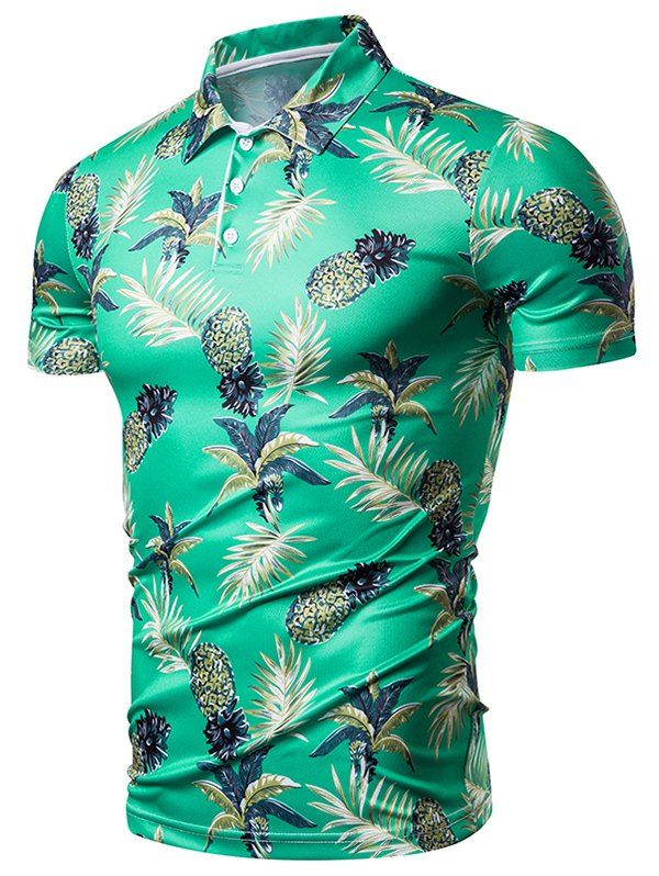 

Palm Tree Pineapple Print Shirt Collar T Shirt, Green