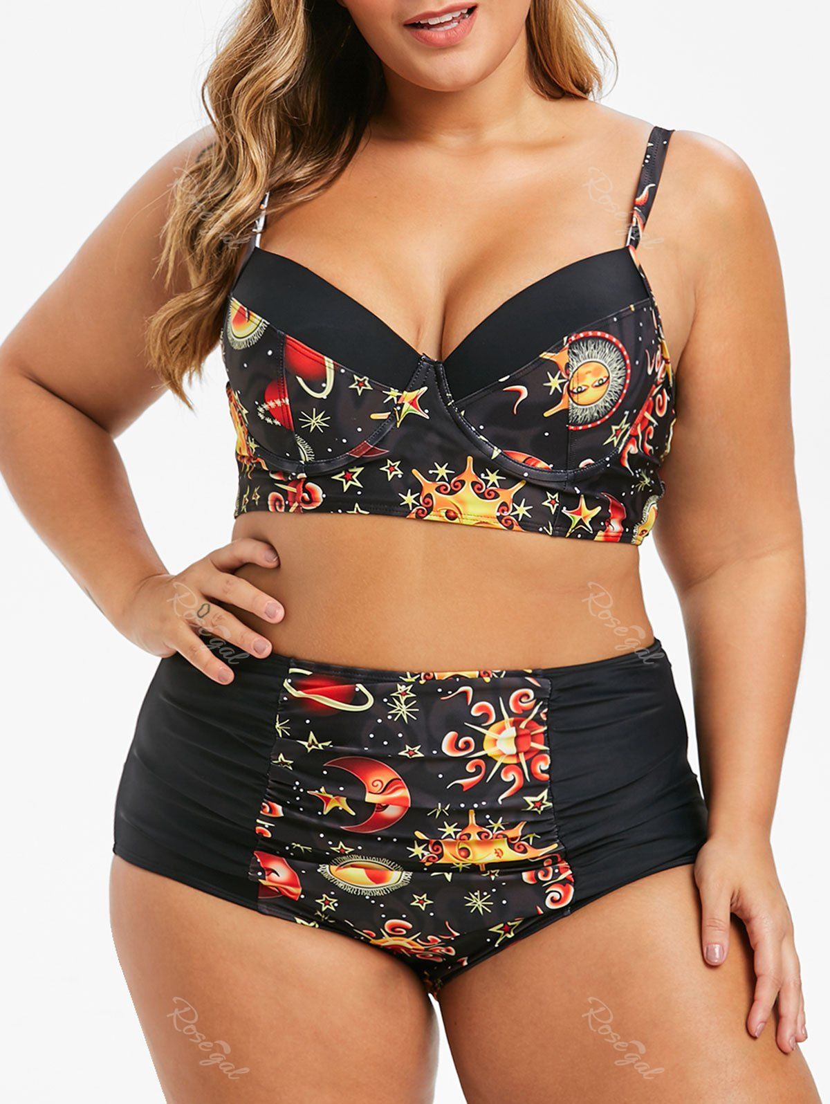 

Plus Size Underwire Sun Moon Print Bikini Swimsuit, Black