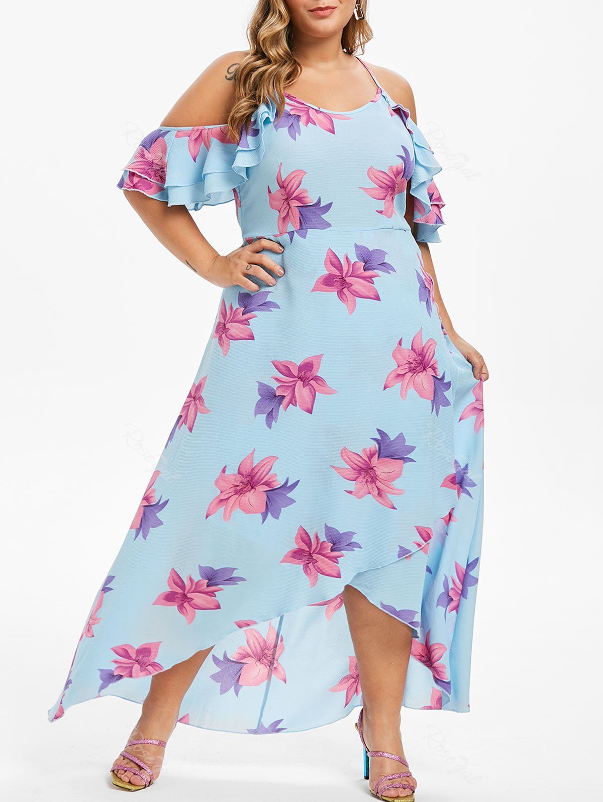 

Plus Size Floral Ruffle Maxi Asymmetric Dress, Light blue