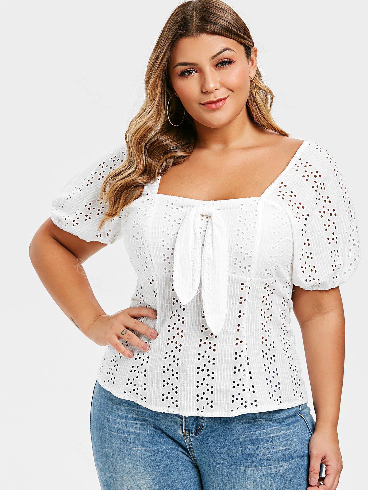 Plus Size Broderie Anglaise Bowknot Milkmaid Top - 3x