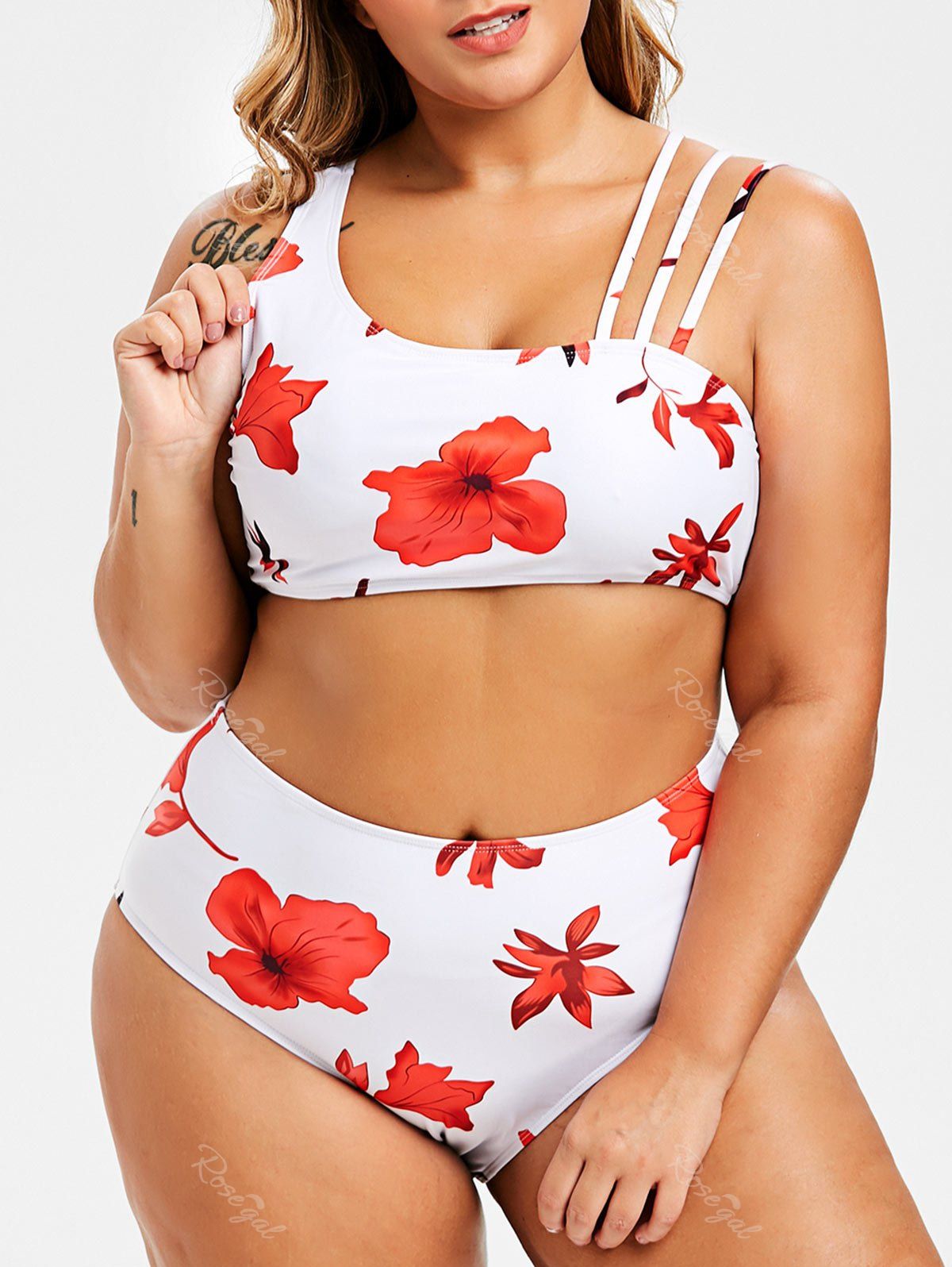 

Padded Floral Strappy Plus Size Bikini Swimsuit, White