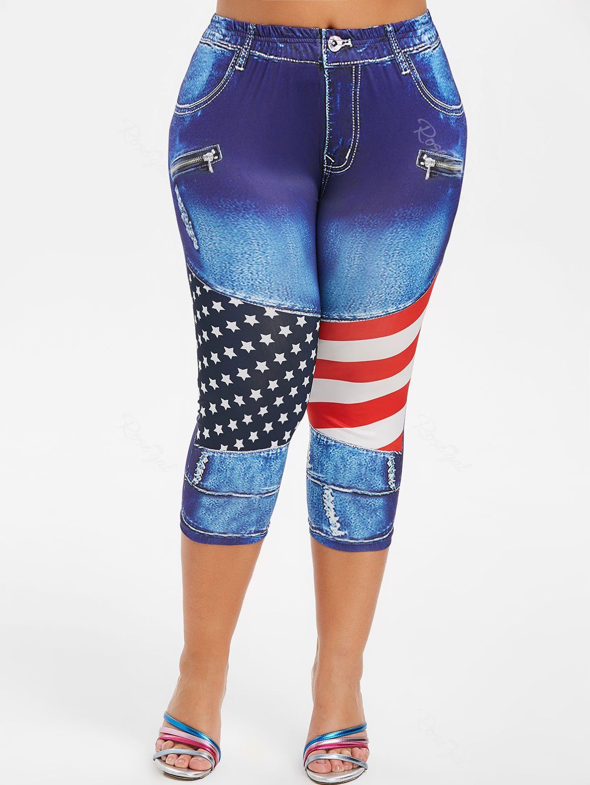 

High Waisted American Flag 3D Capri Plus Size Jeggings, Blue