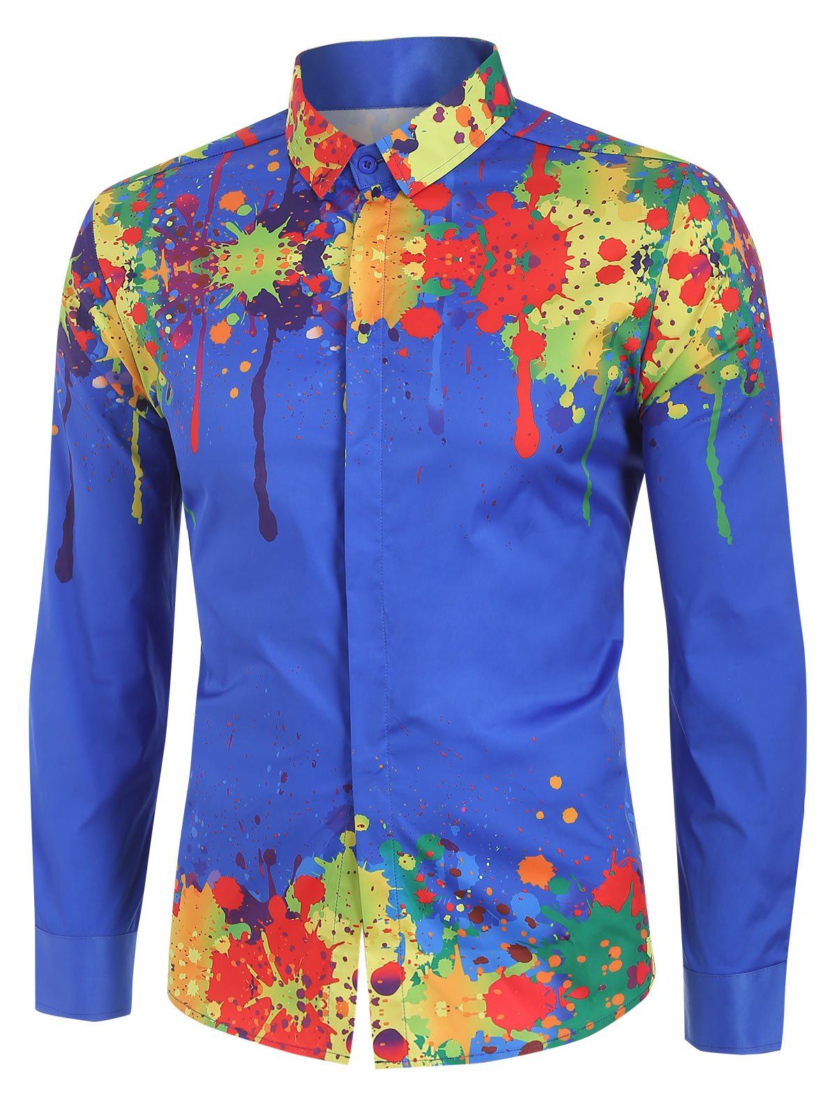 

Colorful Splatter Paint Pattern Turndown Collar Long Sleeve Shirt, Blue